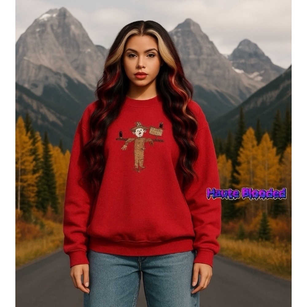 B-Wear Sweatshirt Vintage 90's Red Scarecrow Embroidered Fall Autumn Cottagecore